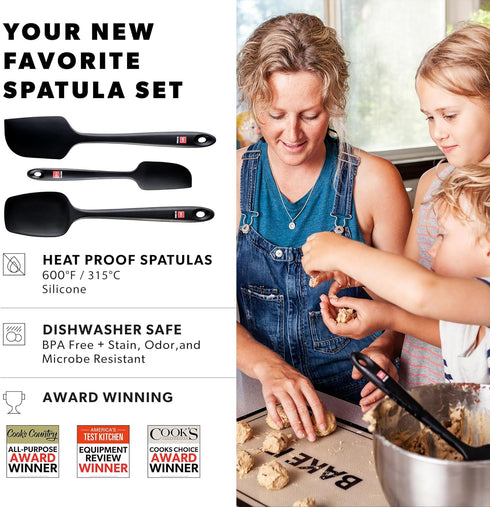 DI ORO Silicone Spatula Set, 3pc, Rubber Kitchen Spatulas for Baking, Cooking, & Mixing, Black