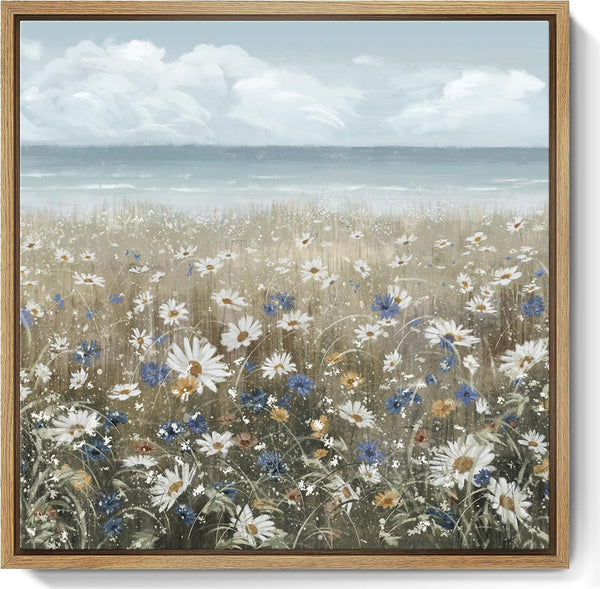 Framed Wall Art Bathroom Décor, Boho Beach Coastal Vintage Floral Canvas Print for Home Living Room