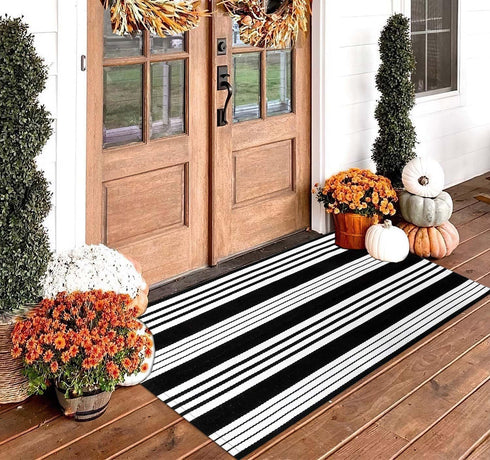 Black and White Striped Rug 27.5 x 43 Inches, Hand-Woven Indoor/Outdoor Area Rug, Farmhouse Front Door Floor Mat