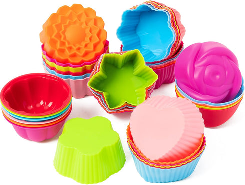 R HORSE 42 Pack Silicone Cupcake Molds, Multi Flower-Shaped Non-Stick Baking Cups, Washable Cake Cups Liners