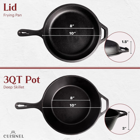 Cuisinel Cast Iron Skillet + Lid, 2-In-1 Multi Cooker, 3-Qt Dutch Oven, Pre-Seasoned Oven Cookware