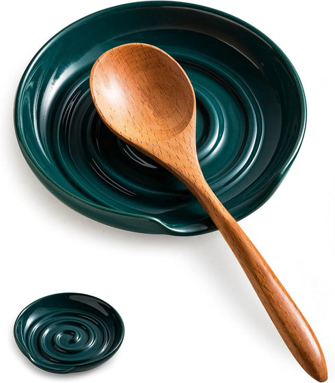 Porcelain Spoon Rest with Drip Tray, Heat-Resistant Ceramic Holder for Multiple Utensils, Dark Green for Spoons and