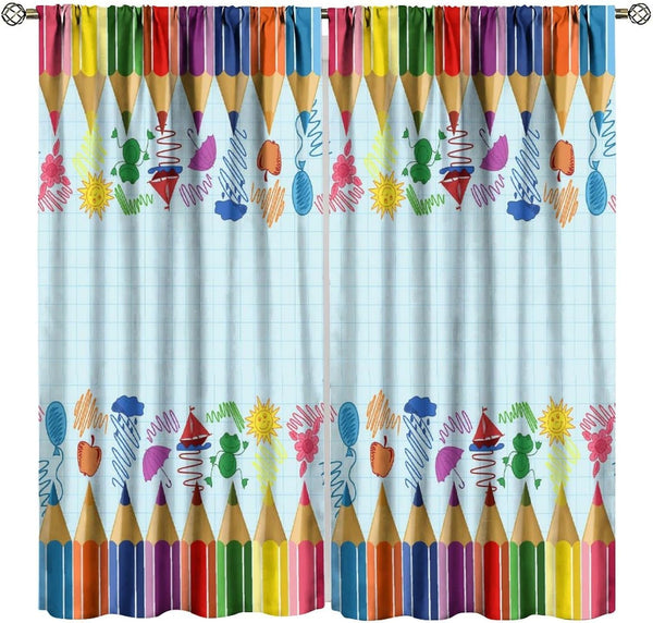GoDazzling Kids Cartoon Rainbow Pencil Blackout Curtains, Cute Colorful Crayon Printed Window Drapes,