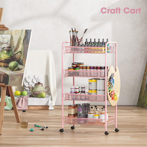 4 3 TOOLF Tier Rolling Utility Cart - Durable Metal Design Pink Utility Cart, Storage Trolley on Wheels with Hooks