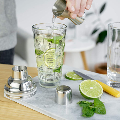 True Glass Cocktail Shaker, 13.5 oz with 7 Classic Recipes and Measurements for Home Bar Accessories
