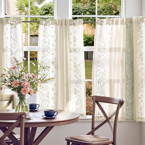 jinchan 45 Inch 2 Winslow Linen Curtains Length Small Window Curtains Embroidered Bordered Floral Drapes Light