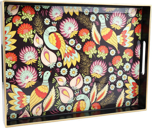 Spsyrine Decorative Serving Tray with Handles, Black Lacquered Coffee Table Tray for