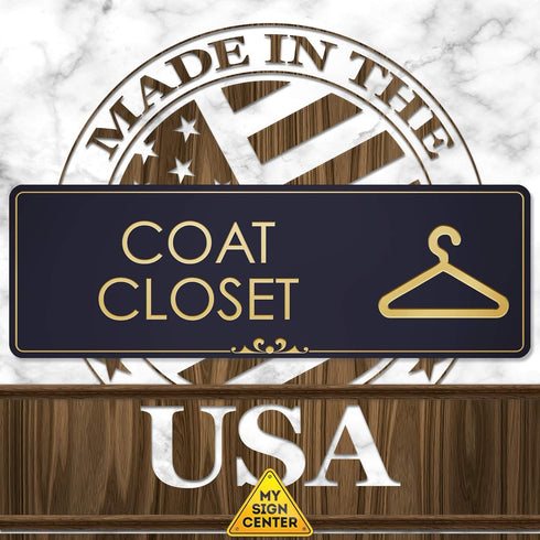 Coat Closet Sign, Black/Gold Engraved Door Accessories, 3" x 9", Fade Resistant, Indoor/Outdoor Use, USA MADE