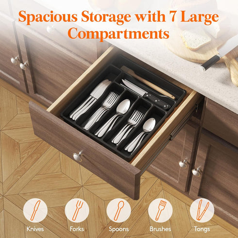 Lifewit Black Silverware Drawer Organizer Tray, 7 Compartment Plastic Cutlery Storage for Kitchen Drawer