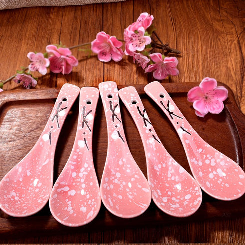 Japanese Soup Spoons Set of 5 - Pink Ceramic Spoons for Soup, Ramen, Pho, Gravy, and Dumplings