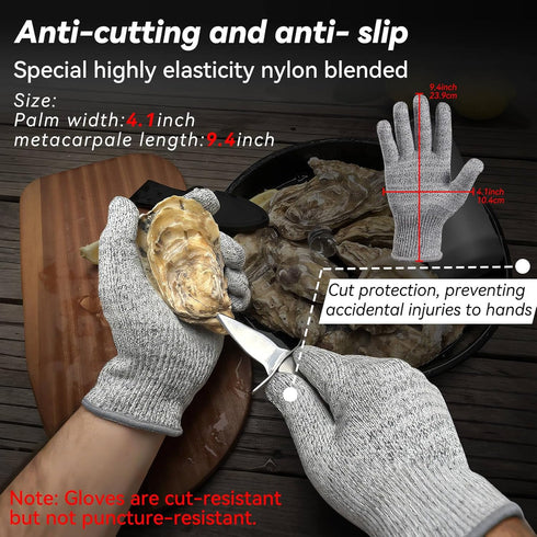 Oyster Shucking Knife Set, 2 Sturdy Sharp Oyster Knives with Comfort Wood Handle and Cut-Resistant Gloves (L)