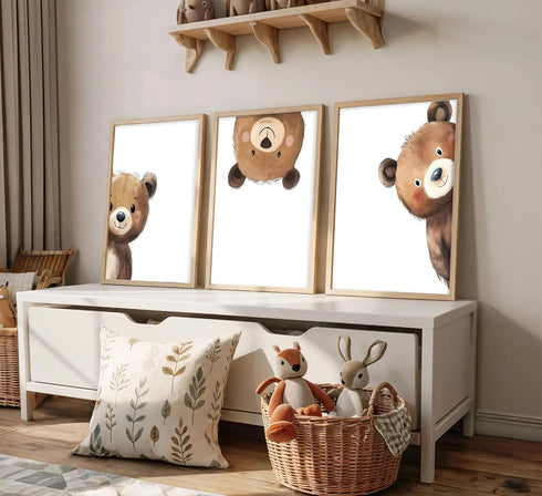 SEINEMBSC Framed Baby Bear Nursery Wall Art Peeking Bear Pictures Wall Decor Peekaboo Kids Room Decor Woodland Animal