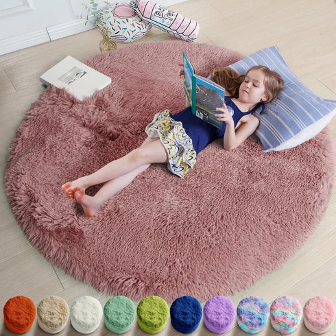 Blush Fluffy Round Rug 5Ft for Bedroom, Fuzzy Plush Circle Area Rugs