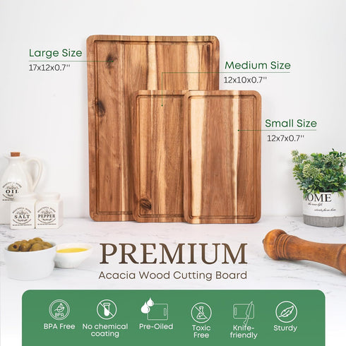 Set 3 (17x12, 12x10, 12x7 Inch) VieWood Acacia Wood Cutting Board of for Kitchen, Serving, Charcuterie and Food Prep