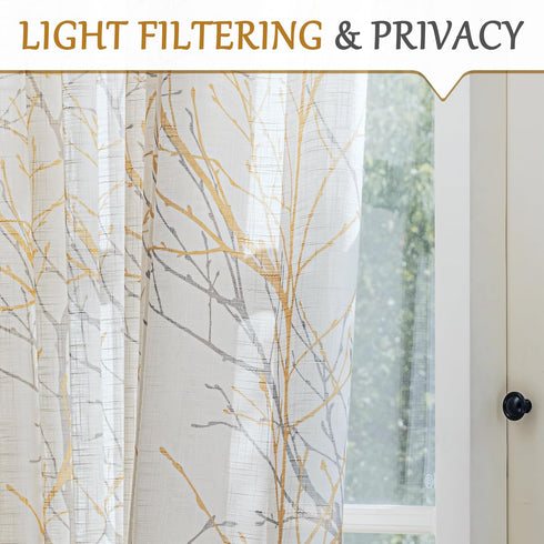 FMFUNCTEX Sheer Sidelight Front Door Curtains - 40 Inches Long White Yellow Branch Tree Print Curtain Set with Tiebacks