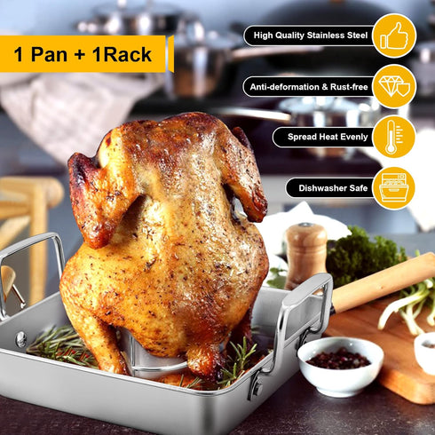 P&P CHEF Beer Can Chicken Holder with Roasting Pan Set | 9-inch Stainless Steel Baking Pan and Chicken Rack