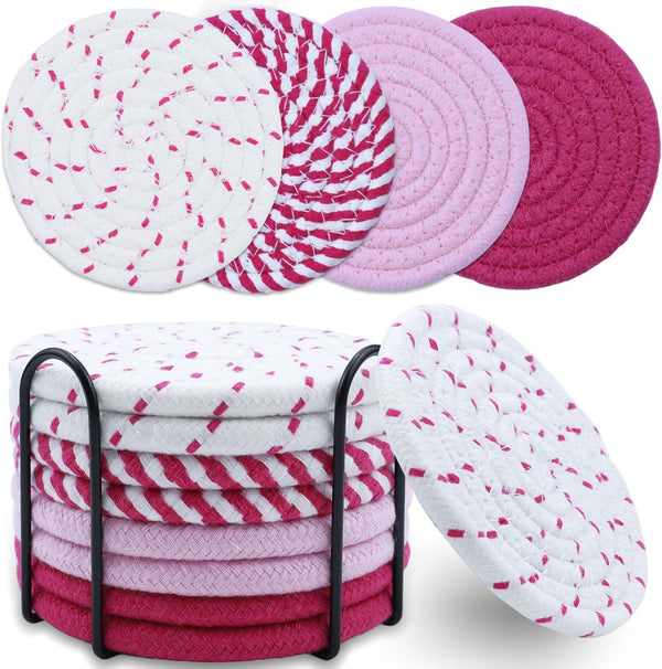 MIAOMIAO 8 Pcs Drink Coasters with Holder, Minimalist Cotton Woven Coaster Set, 4