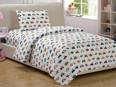 Linen Plus Set Sheet for Boys/Teens Trucks Cars Tractors Police Care Airplane Balloons White Yellow Red Green Blue Flat