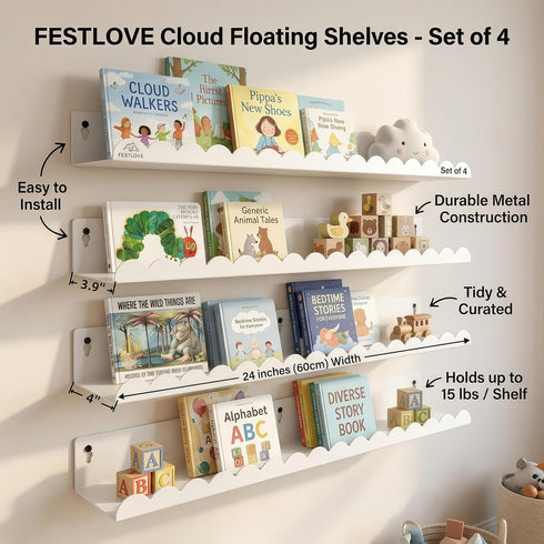 24 Inch Set 4, Nursery Book Shelves of White Metal Floating Shelves for Wall, Scalloped Cloud Book Shelf for Kids Room