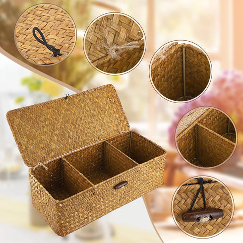 Hipiwe Seagrass Storage Basket Bin with Lid, Rectangular Woven Shelf Baskets with 3-Section Toilet Paper Holder for
