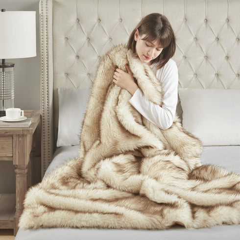 50x60 Hyde Lane Faux Fur Throw Blanket - Ultra Long Pile, Luxury Fluffy Fox Golden with Brown Tipped Throws for Couch