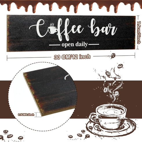 Coffee Bar Sign Wood Coffee Station Decor Rustic Small Wall Art Farmhouse Coffee Wall Decor Wooden Coffee Bar Accessories Wall Hanging Plaque for Coffee Station, 2.95 x 11.8 Inches (Brown Background)