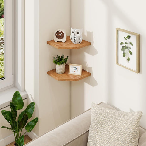 8.5in 1 Pack) Fun Memories Corner Shelf Wall Mount, Solid Oak Wood Floating Corner Shelves with Cable Hole, Rustic