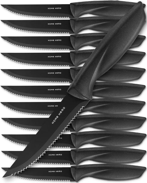 Home Hero 12-Piece Razor-Sharp Steak Knives Set, High-Carbon Stainless Steel with Ergonomic Handles for Precise Cutting