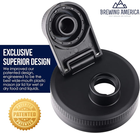 Mason Jar Lids Wide Mouth Plastic 4 Pack - USA Made Flip Cap Screw Top Pour Spout Drink Hole - Black