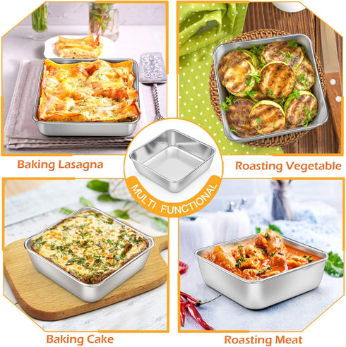 P&P CHEF 6 Inch Square Cake Baking Pans, 2 Pcs Stainless Steel Lasagna Brownie Pan for Small Birthday Cake, Leakproof