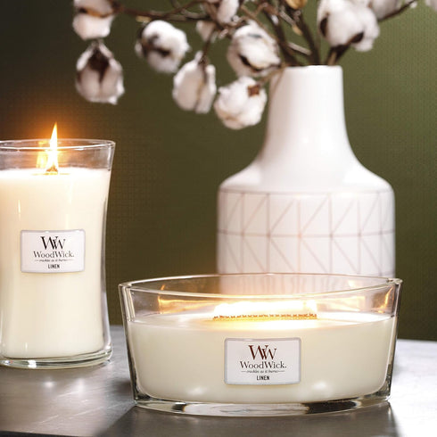 WoodWick Ellipse Scented Candle, Linen, 16oz - Up to 50 Hours Burn Time