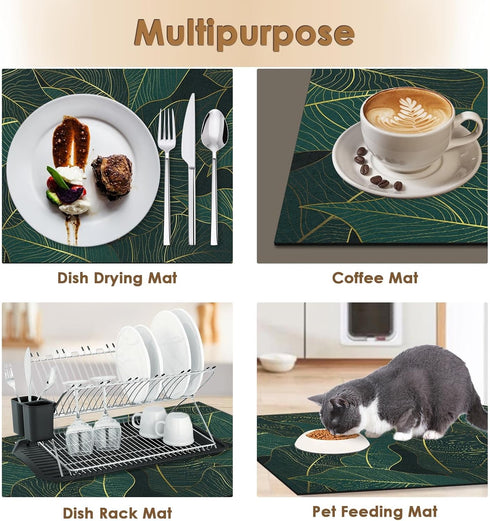 Golden Banana Leaf Emerald Green Coffee Mat for Countertop, 2 Pcs Dish Drying Mat for Kitchen Coffee Bar Accessories,