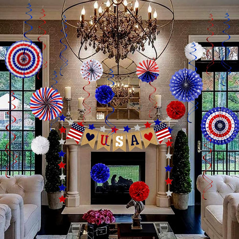 26Pcs 4th Patriotic Decorations of July Decorations LOVE USA Banner Red White Blue Paper Fans Star Streamer Pom Poms