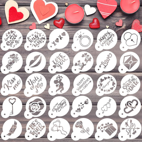 Outus 30 Pieces Valentine's Day Cake Stencils, Reusable Cookie Stencils for Baking and Painting Mould Templates