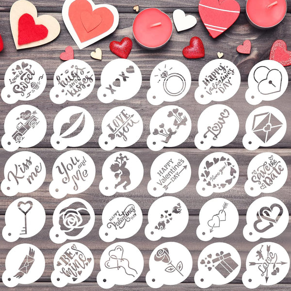 Outus 30 Pieces Valentine's Day Cake Stencils, Reusable Cookie Stencils for Baking and Painting Mould Templates