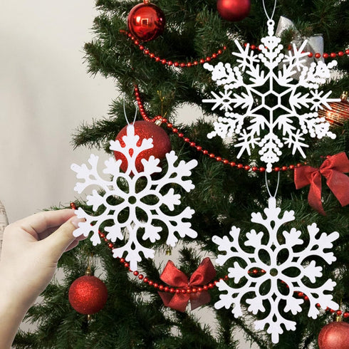 White Snowflake Ornaments - 6 Pack Large Plastic Decorations for Christmas Tree, Winter Wonderland