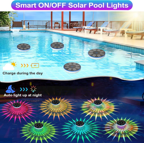 ZRYBOMY 6 IPX8 1 Pack RGB Solar Floating Pool Lights, Smart Auto ON/Off Pool Light with Lighting Modes, Waterproof LED