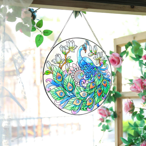 MUMTOP Stained Glass Window Hanging Suncatcher, Peacock Design Hand-Painted Glass Panel Home Decor, 12 Inch