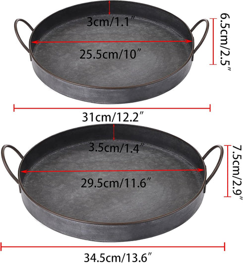 Hipiwe Set 2 13.6 inch 12.2 inch of Industrial Style Metal Iron Serving Tray with Handle, Rustic Galvanized Storage
