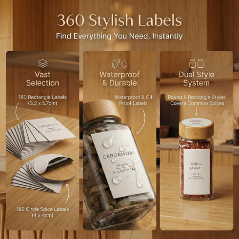 360 -24 4oz- Glass Spice Jars with Labels pcs- Spice Containers with Bamboo Lids -Shaker Lids- Pepper Grinder-Spice