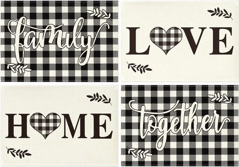 Artoid Mode Love Family Together Home Buffalo Plaid Placemats for Dining Table, 12 x 18 Inch Set of 4 Holiday Vintage