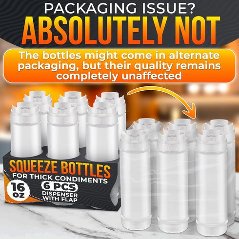 Set 6 16 oz of Inverted Condiment Squeeze Bottles Upgraded Design with Added Sealing Gaskets, Self-Closing Valve
