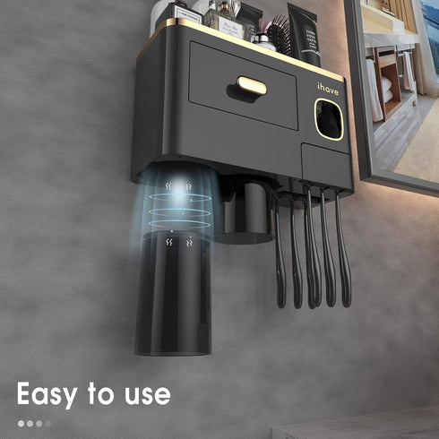 2 iHave Toothbrush Holders Wall Mounted with Toothpaste Dispenser & Cups - Luxury Black and Gold Design for Bathroom