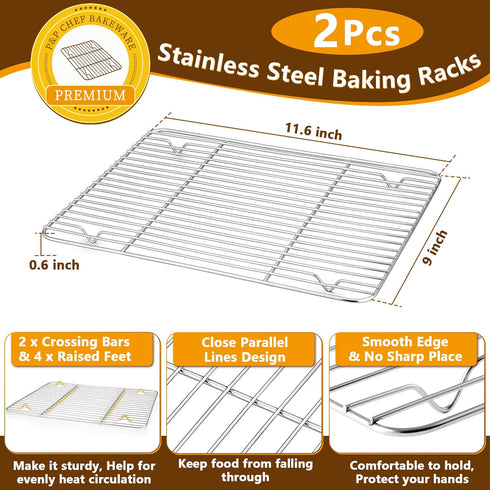 P&P CHEF 12.5 Inch Toaster Oven Pan and Rack Set, 4 Pieces Stainless Steel Baking Pans with Cooling Rack