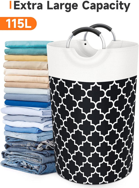 Large Laundry Basket Hamper Bag, Collapsible Tall with Handles, Waterproof Storage for College Dorm, Family (Black) 115L