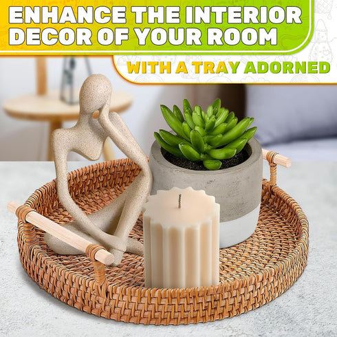 8.7-Inch Rattan Tray Round Woven Serving Basket with Handles Holidays Romantic Decorative Tray for Coffee Table, Bread