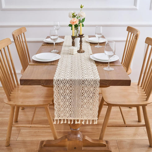 60 Inch Gemseek Boho Crochet Lace Table Runner, Bohemian Vintage Beige Cotton Table Runner for Kitchen Dining Coffee
