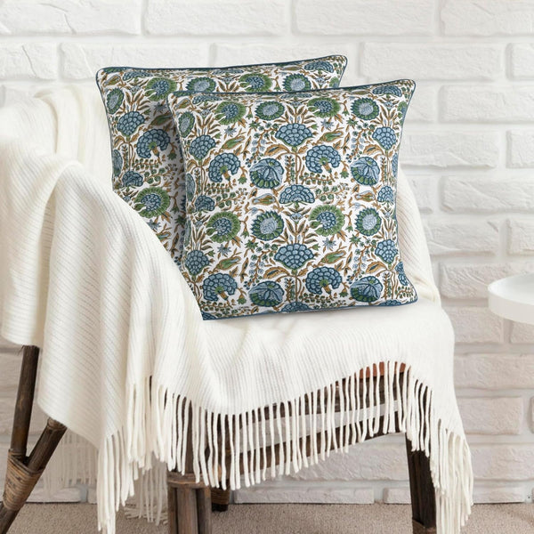 Ridhi Asparagus Green Print Cotton Throw Pillow Covers for Decorative Couch - 18x18 Inches