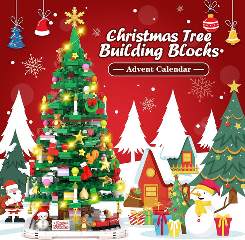 Advent Calendar 2024 - Christmas Tree Building Toy Set with LED Light, 1102 Pieces