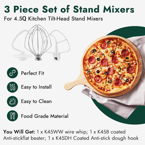 3 Pieces Stand Mixers Repair Set for Kitchen Tilt-Head Mixers, K45DH Dough Hook, K45B Coated Flat Blade, K45WW Wire Whip